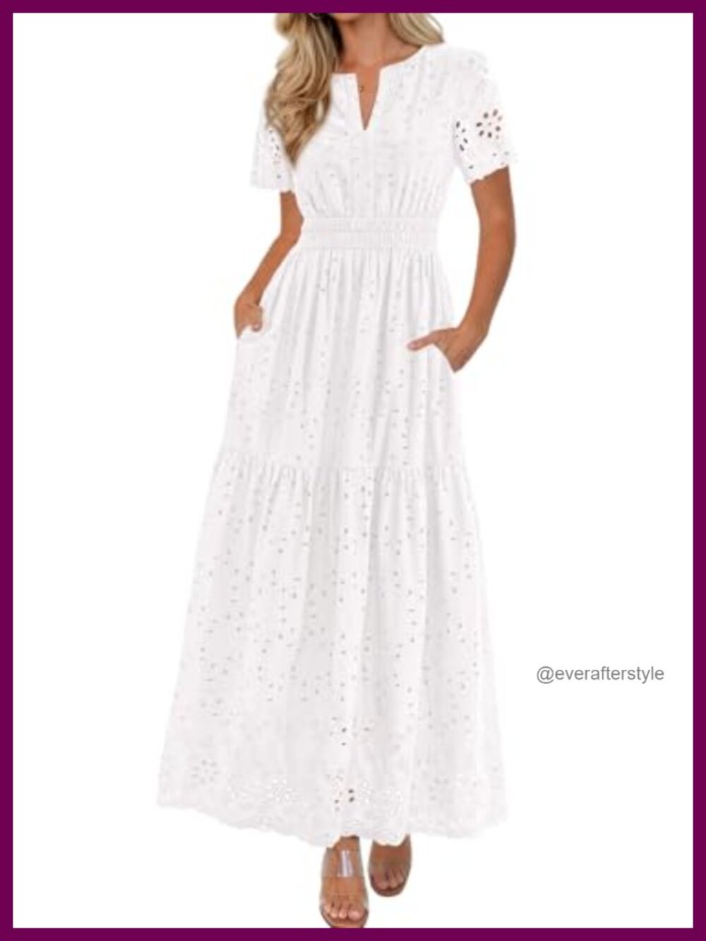 Women's Summer Maxi Dress Short Sleeve V Neck Cotton Hollow Out A Line Beach